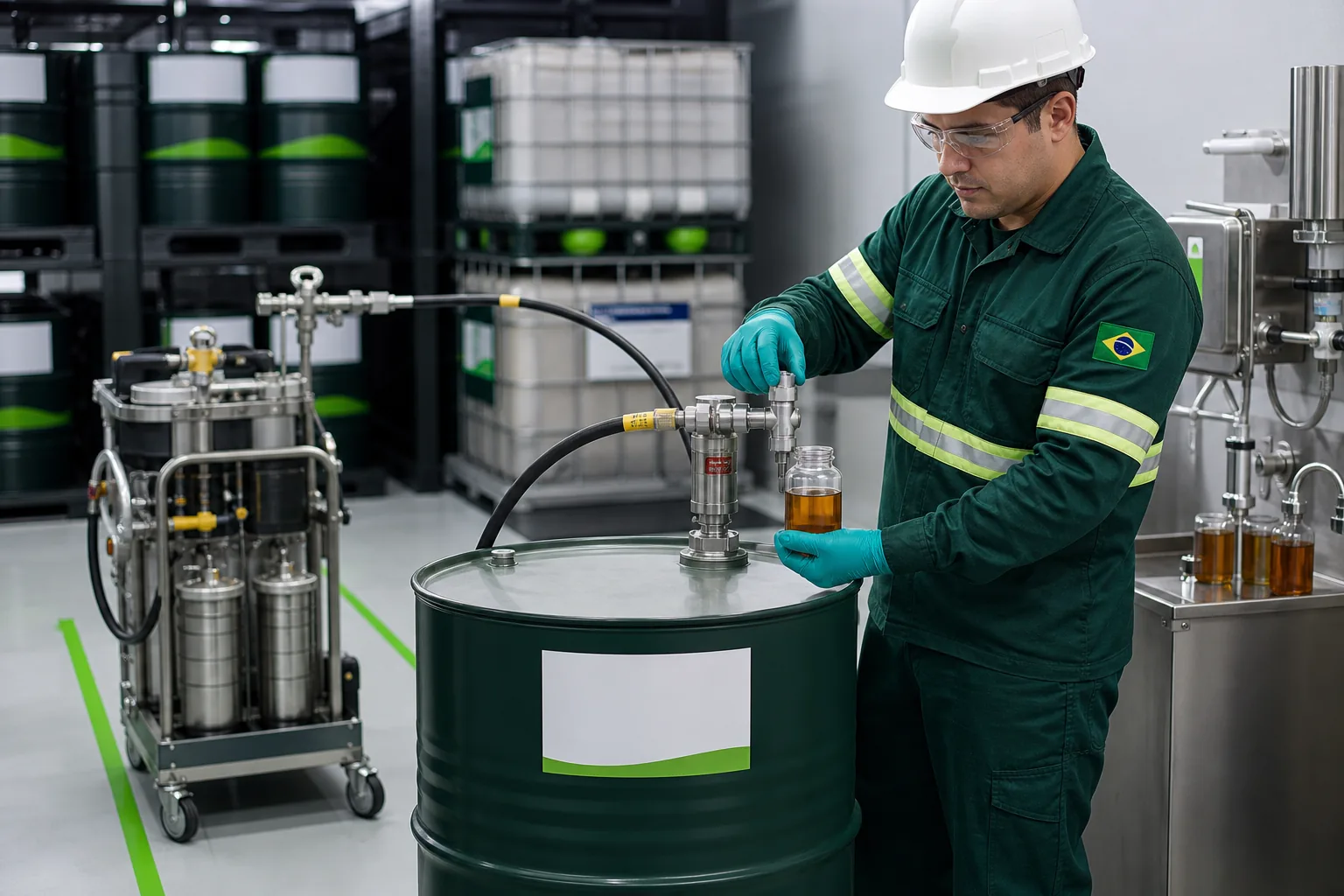 Técnico coletando amostra de óleo novo em sistema fechado de recebimento