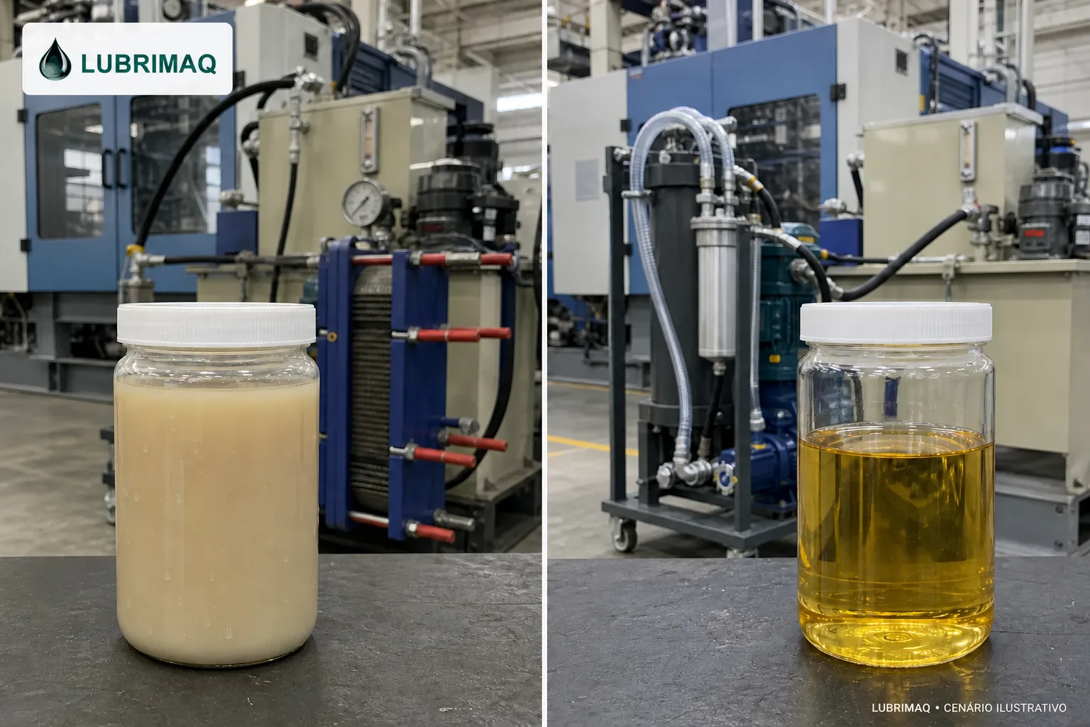 Óleo hidráulico emulsionado e óleo seco em cenário de sopradora com logotipo Lubrimaq